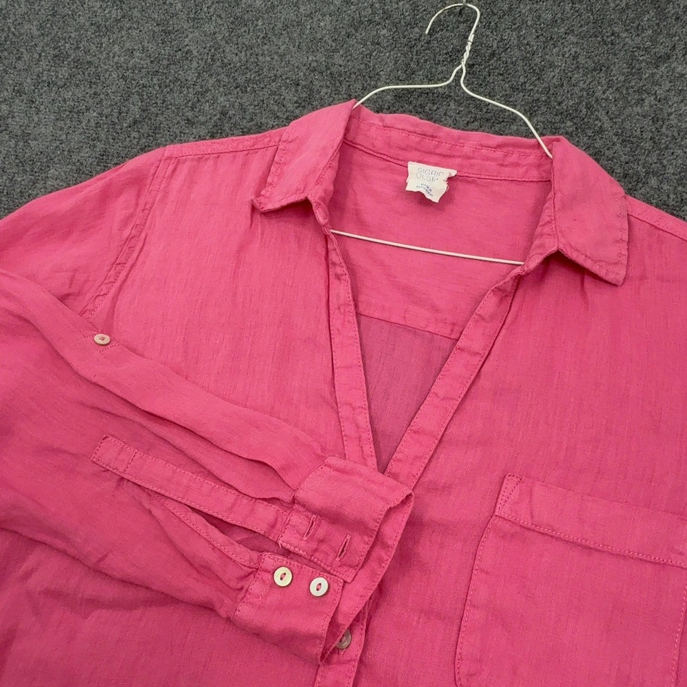 Sigrid‎ Olsen Button Up Shirt Womens L Pink Linen Roll Tab Sleeve Casual Coastal
